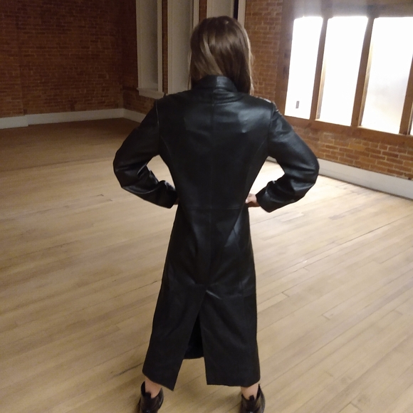 💯 black leather duster ankle length long winter jacket with liner - Picture 4 of 7